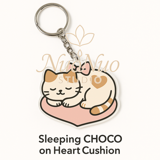 Sleeping CHOCO Cat Keychain – Pastel Coquette Acrylic Charm for Soft Girl Aesthetic | Kawaii Shrink Plastic Accessory